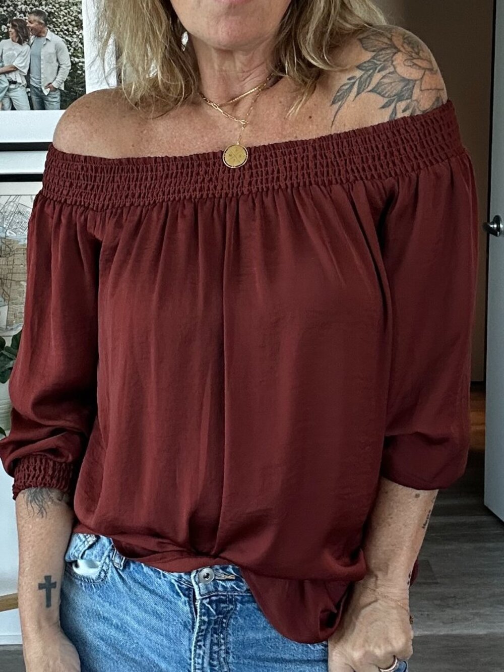 CAMI NYC Off-the-shoulder blouse, burgundy, size M